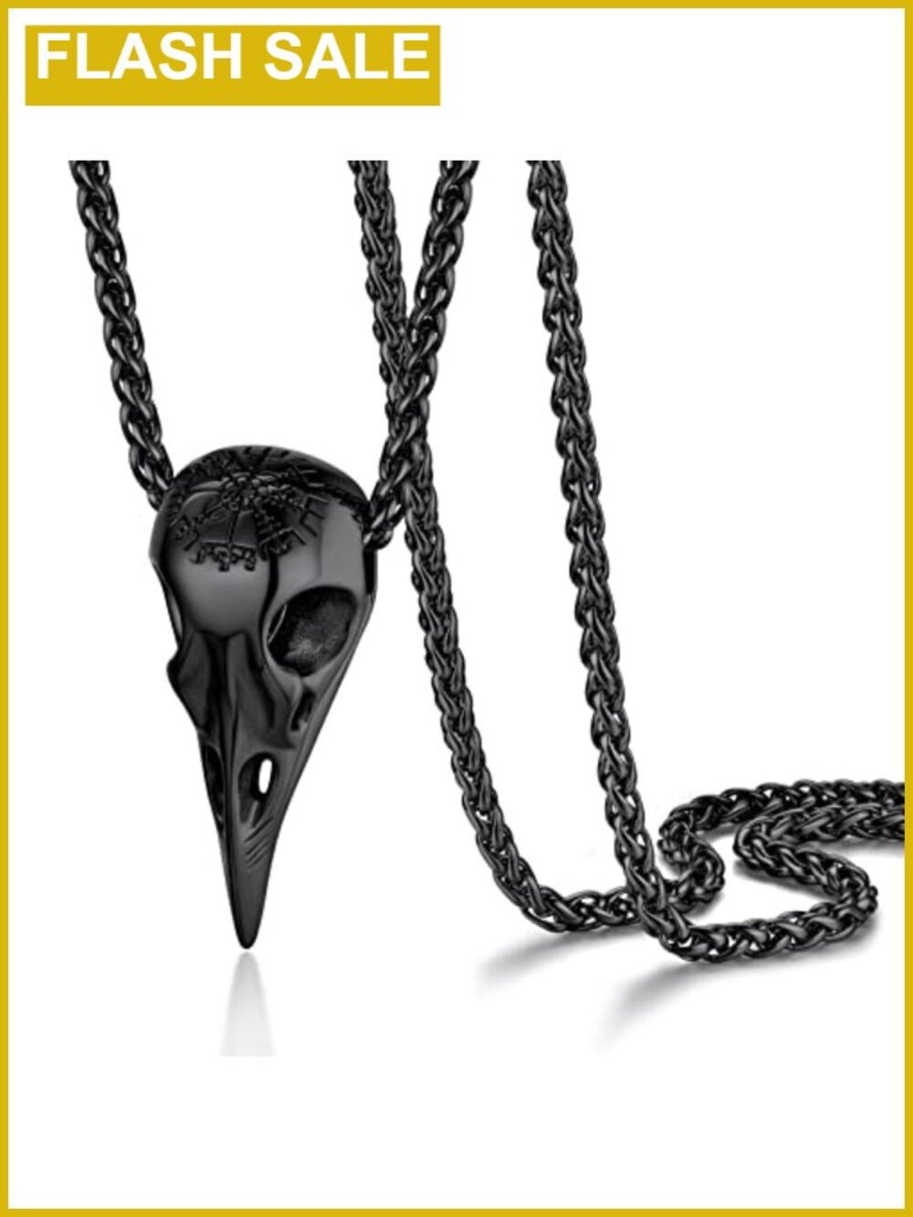 316L Stainless Steel Raven Skull Necklace 22 Inch Wheat Chain Viking